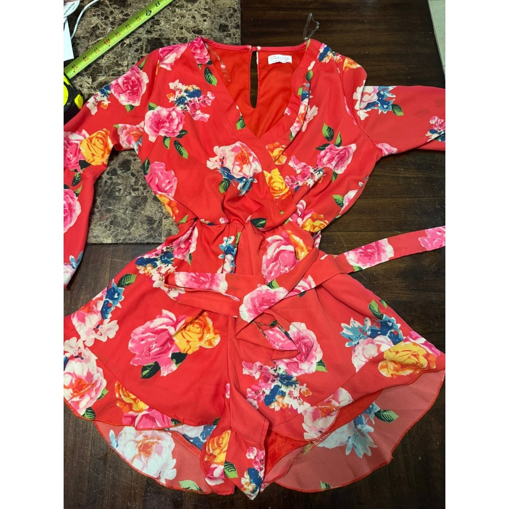 Pink Lily Red Floral Long Bell Sleeve Ruffle Romper Small V-Neck Tie Waist